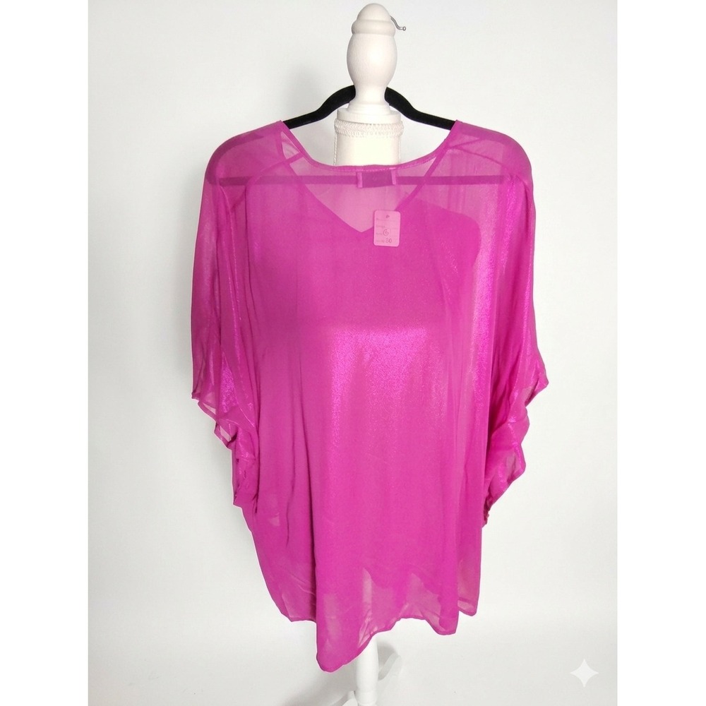 Adrienne Womens Fuchsia Pink Sheer Metallic Vneck Poncho Blouse Top Small 1719SF - Picture 2 of 5